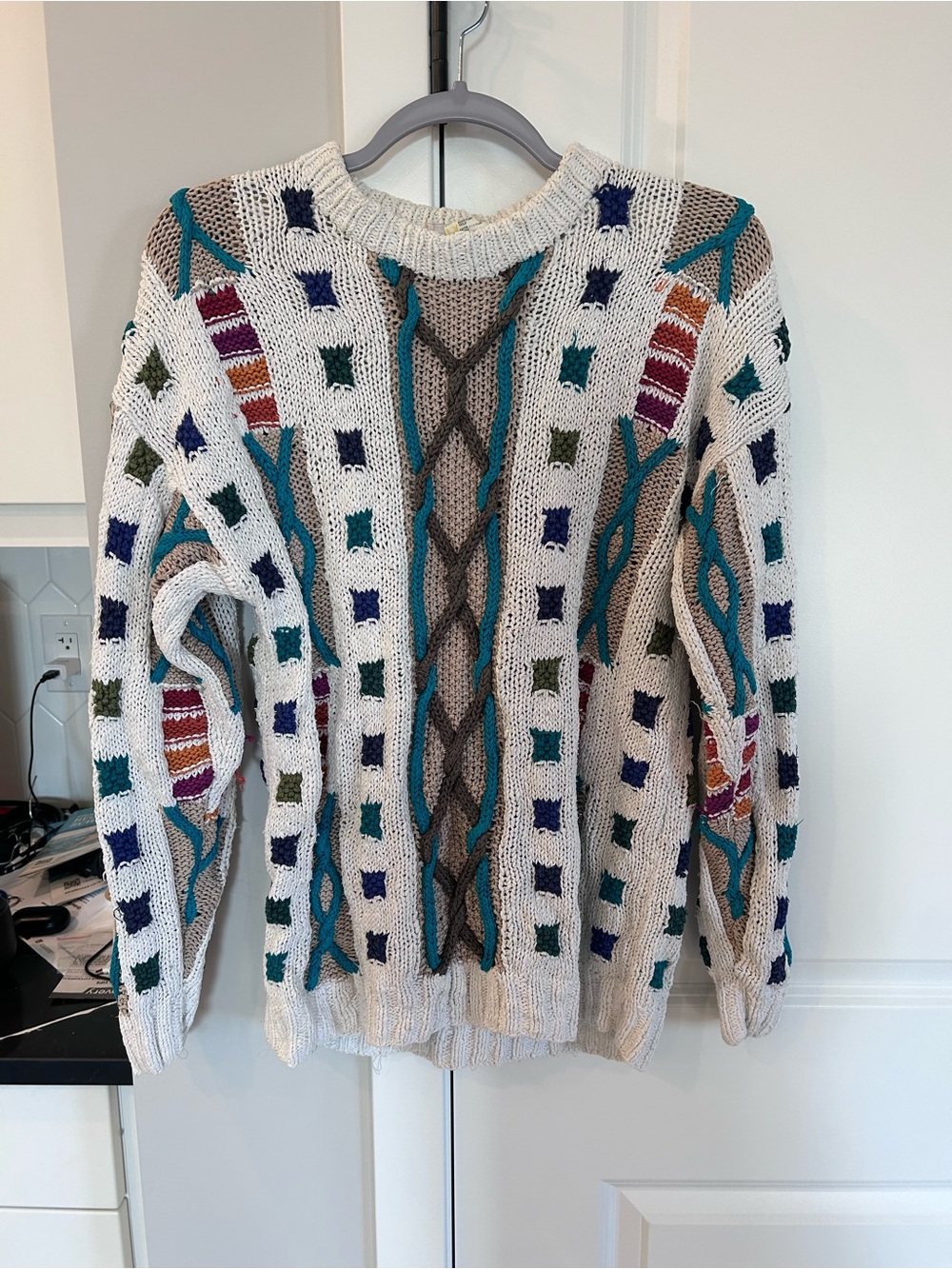 Vintage Boston Traders 3D Cable Knit Geometric Multicolor Cotton Sweater Retro
